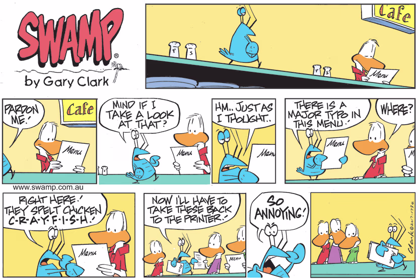 Bob Crayfish is annoyed there's a menu fail when he discovered the word chicken is spelled the same as crayfish. Swamp Cartoon - Menu FailOctober 30, 2022